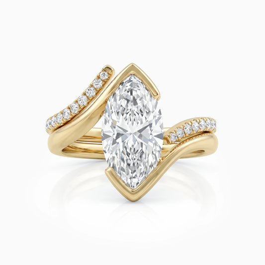 Half Bezel Marquise Cut Lab Diamond Curved Ring Set Bridal Ring Set
