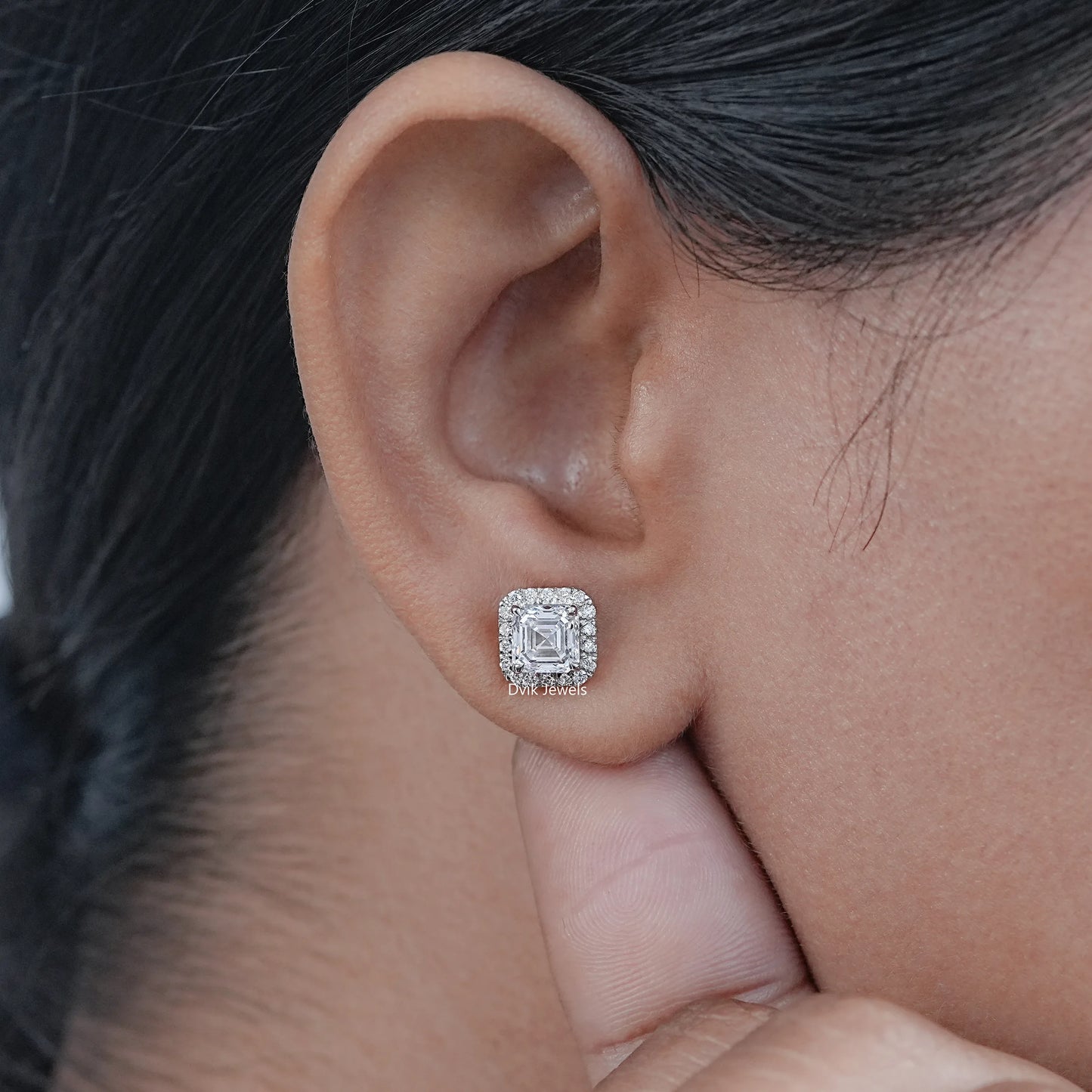 Asscher Cut Lab Diamond Halo Stud Earrings