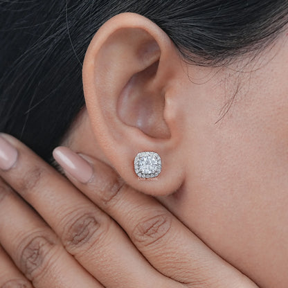 Cushion And Round Diamond Halo Stud Earrings