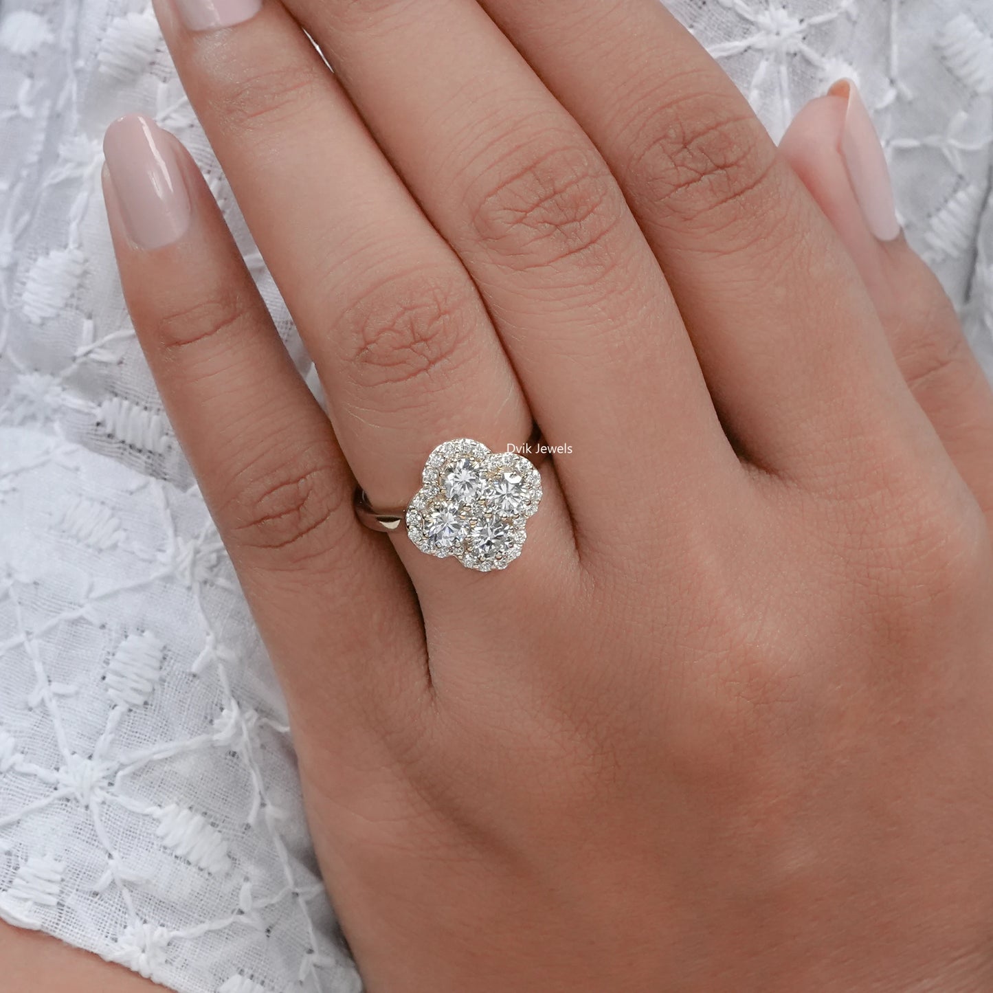 Floral Shape Round Lab Diamond Halo Ring