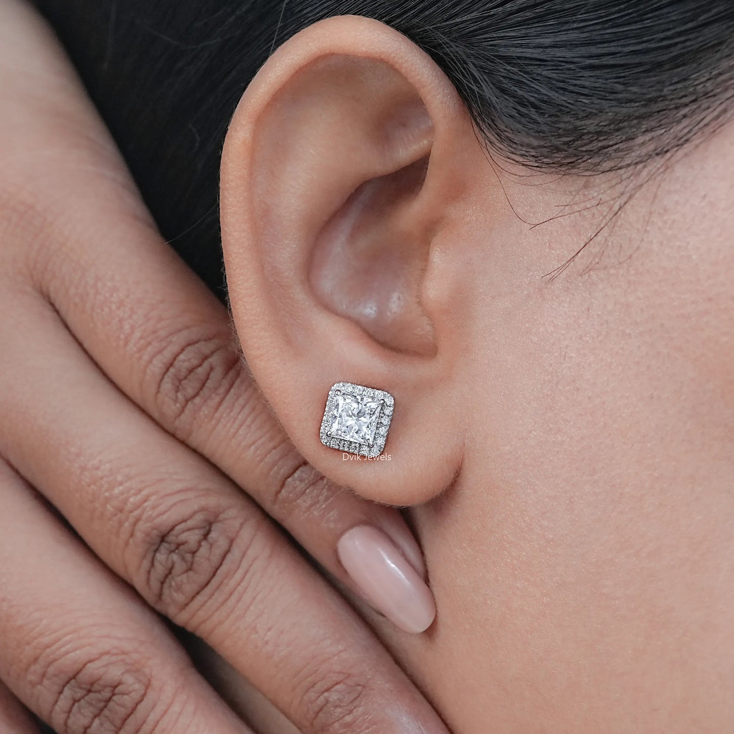 Halo Princess Diamond  Stud Earrings