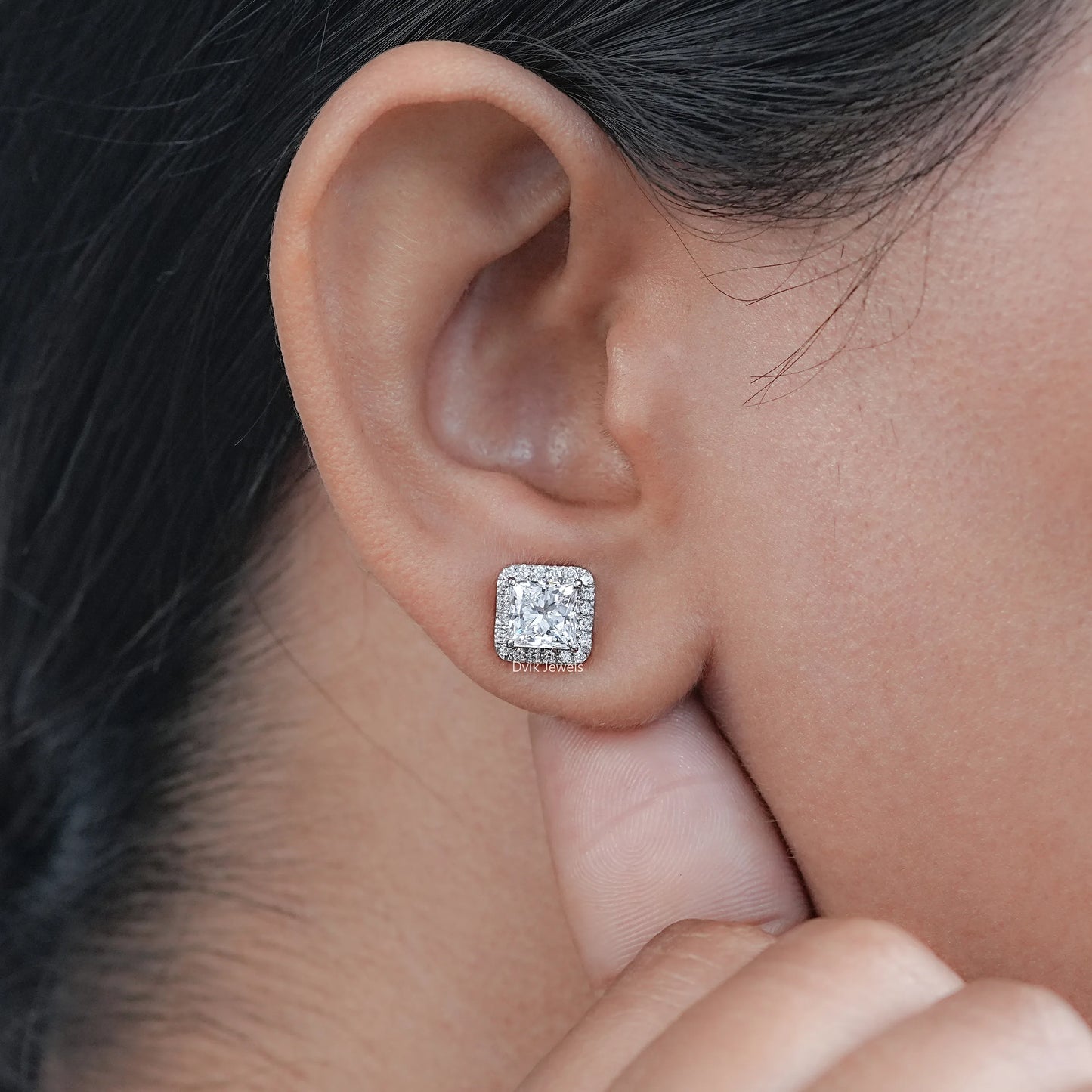 Halo Princess Diamond  Stud Earrings