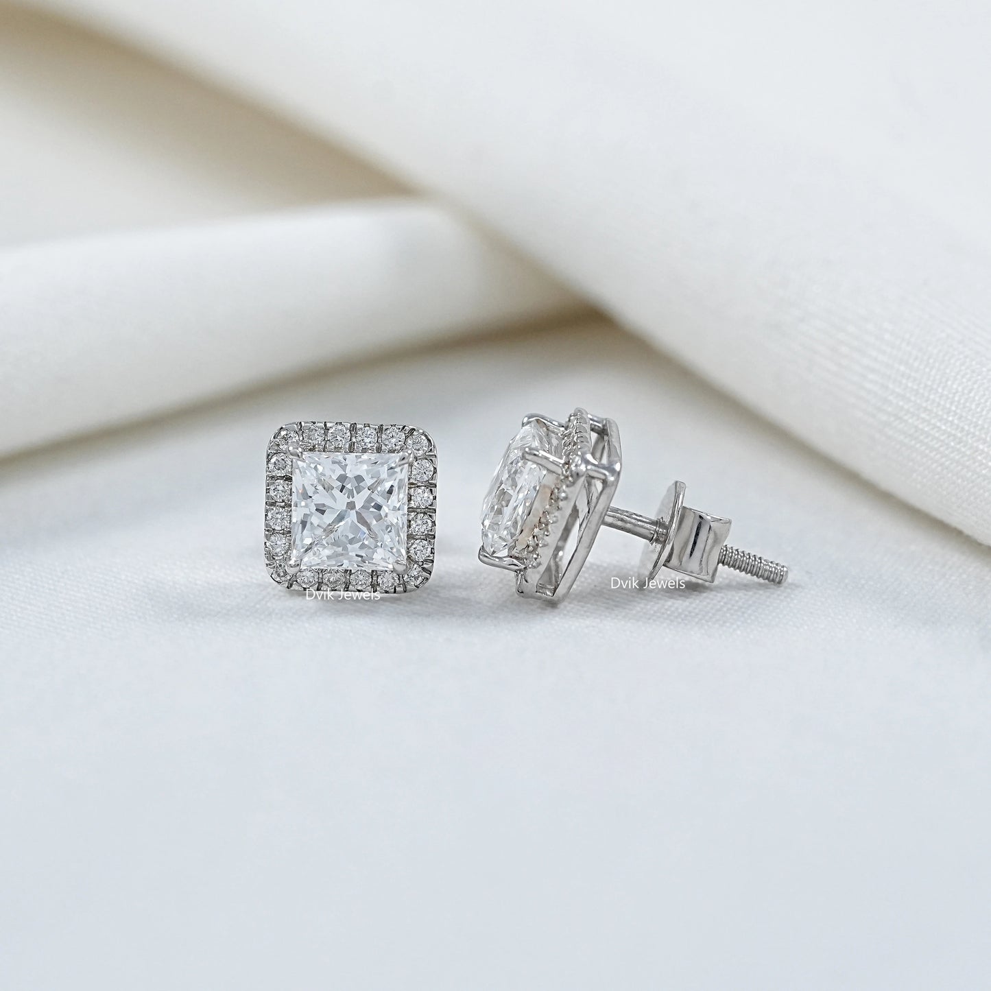 Halo Princess Diamond  Stud Earrings