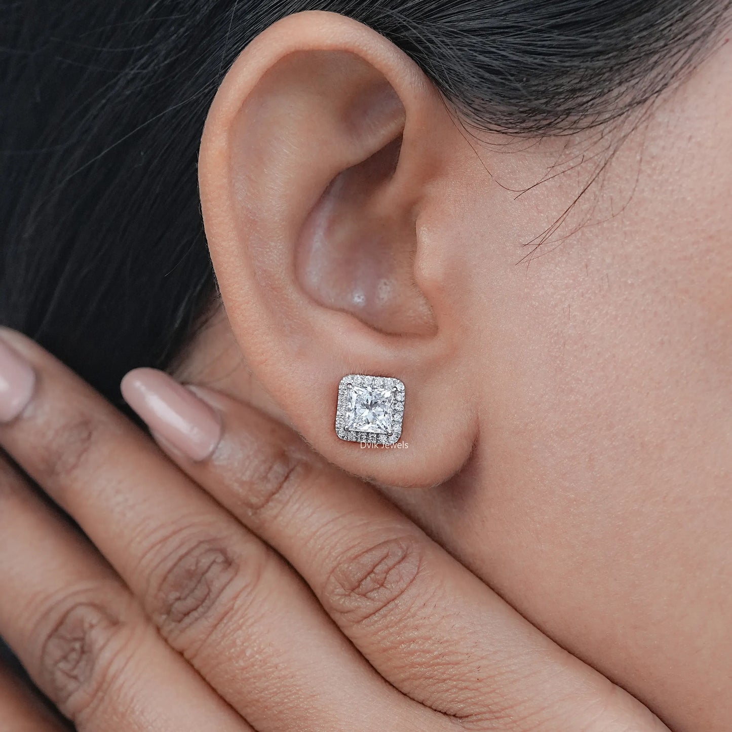Halo Princess Diamond  Stud Earrings