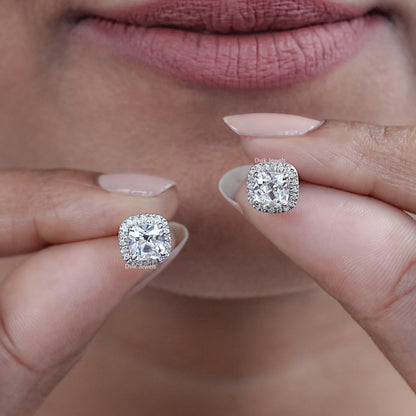 Square Old Mine Cushion Cut Halo Stud Earrings