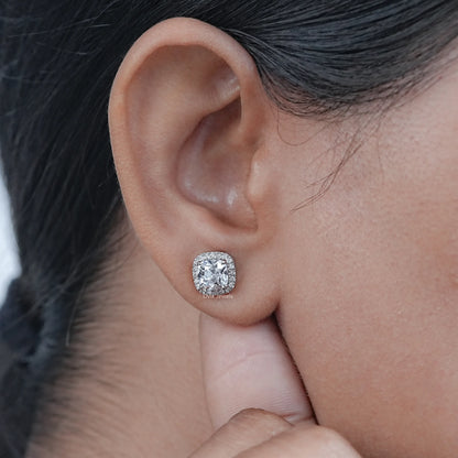 Square Old Mine Cushion Cut Halo Stud Earrings