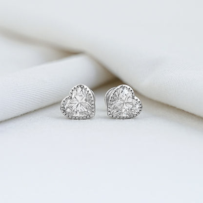 Heart Cut Lab Diamond Milgrain Set Stud Earrings
