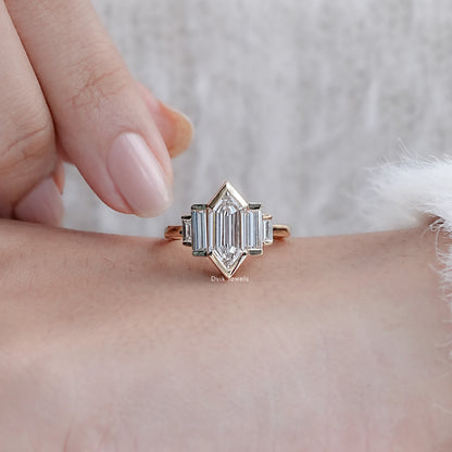 Hexagon Shape Half Bezel Set Five Stone Ring