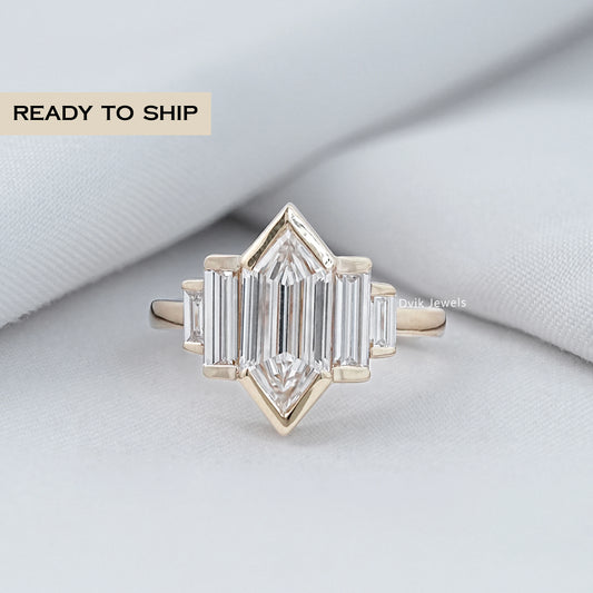 Hexagon Shape Half Bezel Set Five Stone Ring