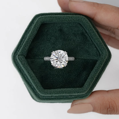 Round Cut Hidden Halo Engagement Ring with Pave Band