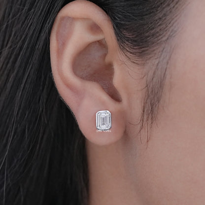 Emerald Cut Lab Diamond Bezel Set Stud Earrings