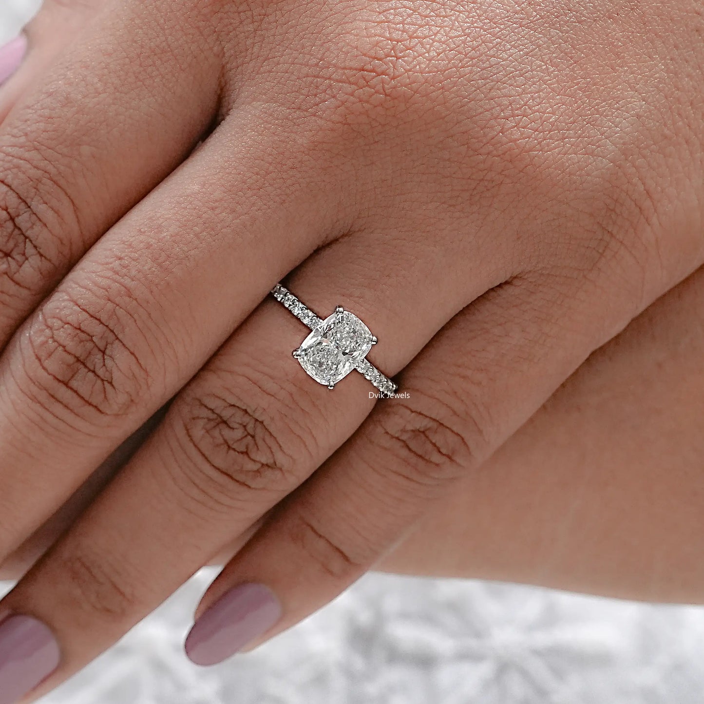 Lab Diamond Cushion Cut Solitaire Accent Ring