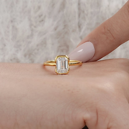 Bezel Set Emerald Cut Lab Diamond Engagement Ring