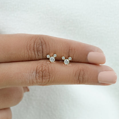Round Diamond Bezel Set Mickey Mouse Dainty Stud