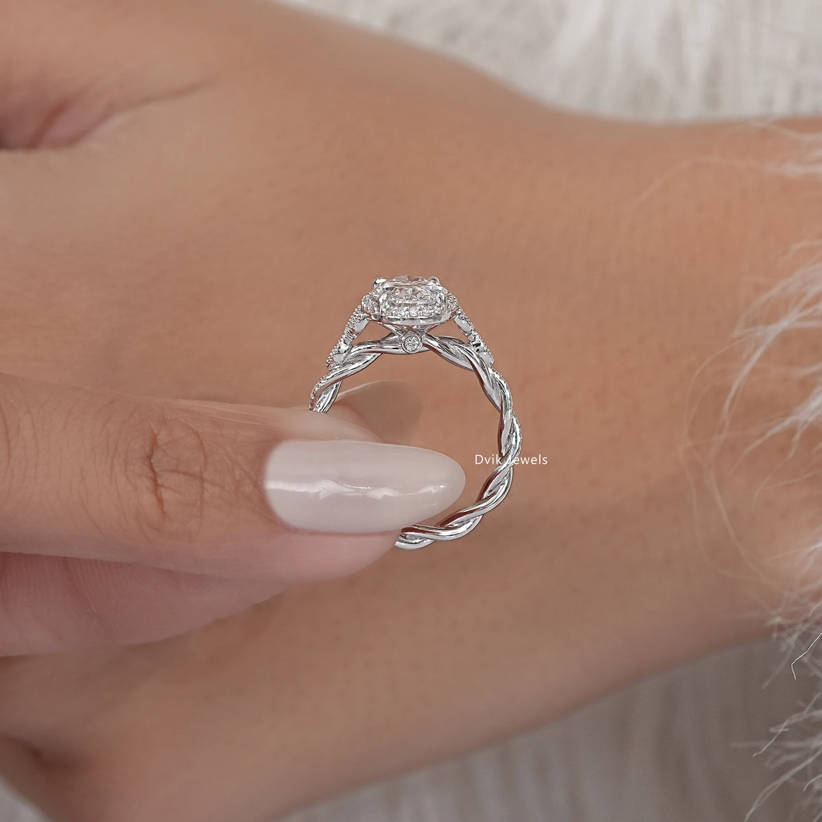 Lab Grown Oval Accent Diamond Twisted Halo Ring