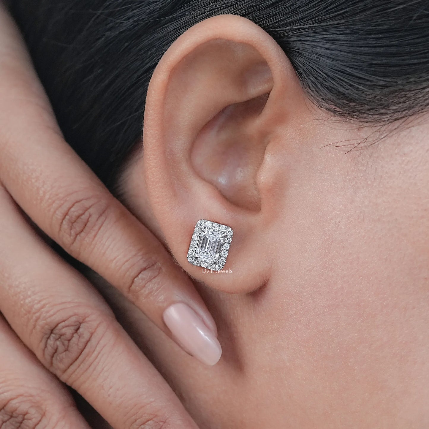 Emerald Cut Lab Grown Diamond Halo Stud