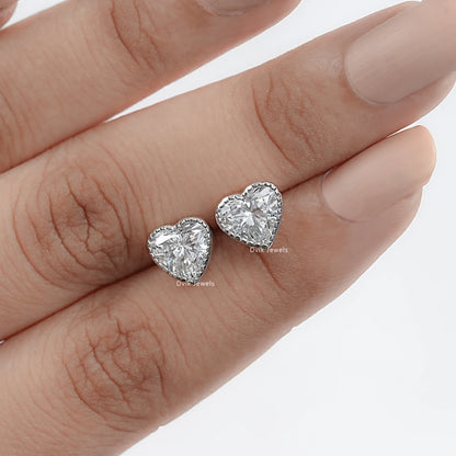 Heart Cut Lab Diamond Milgrain Set Stud Earrings