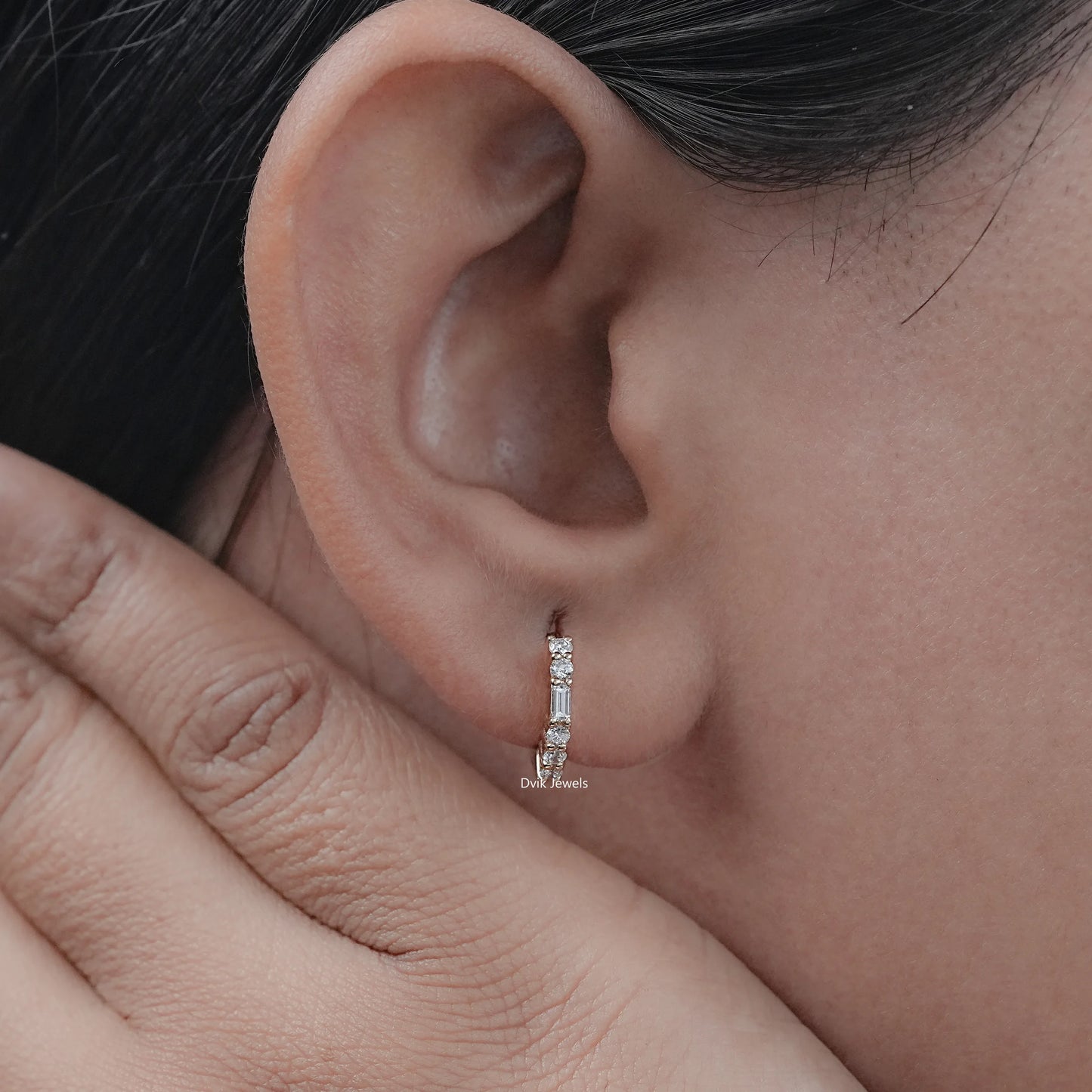 Baguette and Round Diamond Huggie Earrings