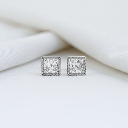 Milgrain Princess Cut Lab Diamond Stud Earrings
