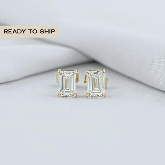 Bezel Set Emerald Cut Stud Earrings