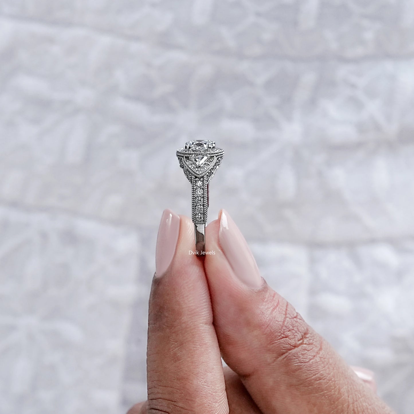 Milgrain Set Halo With Three Stone Engagement Ring