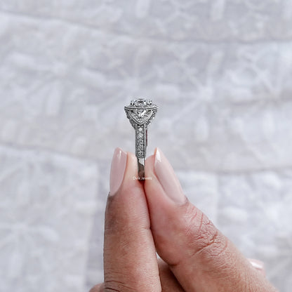 Milgrain Set Halo With Three Stone Engagement Ring