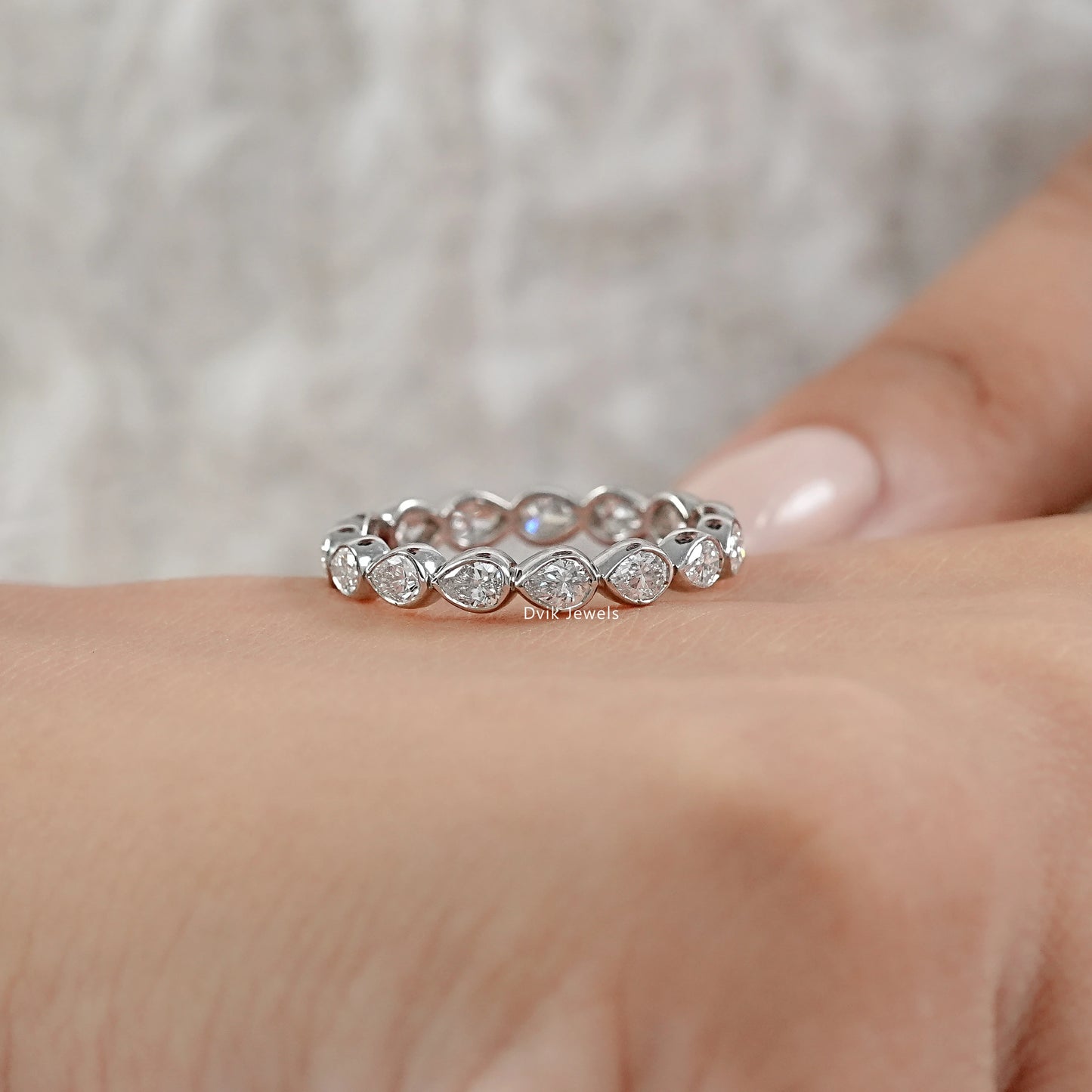 Bezel Set Pear Cut Lab Diamond Full Eternity Wedding Band