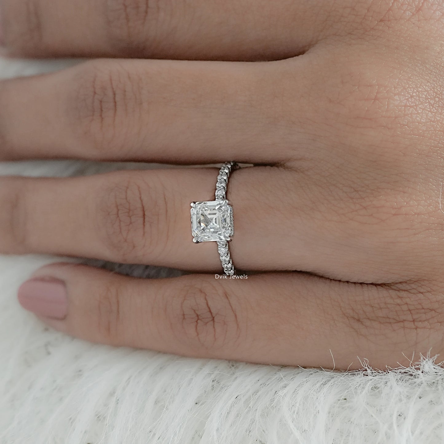 Asscher Cut Lab Diamond Accent Ring with Pave Band
