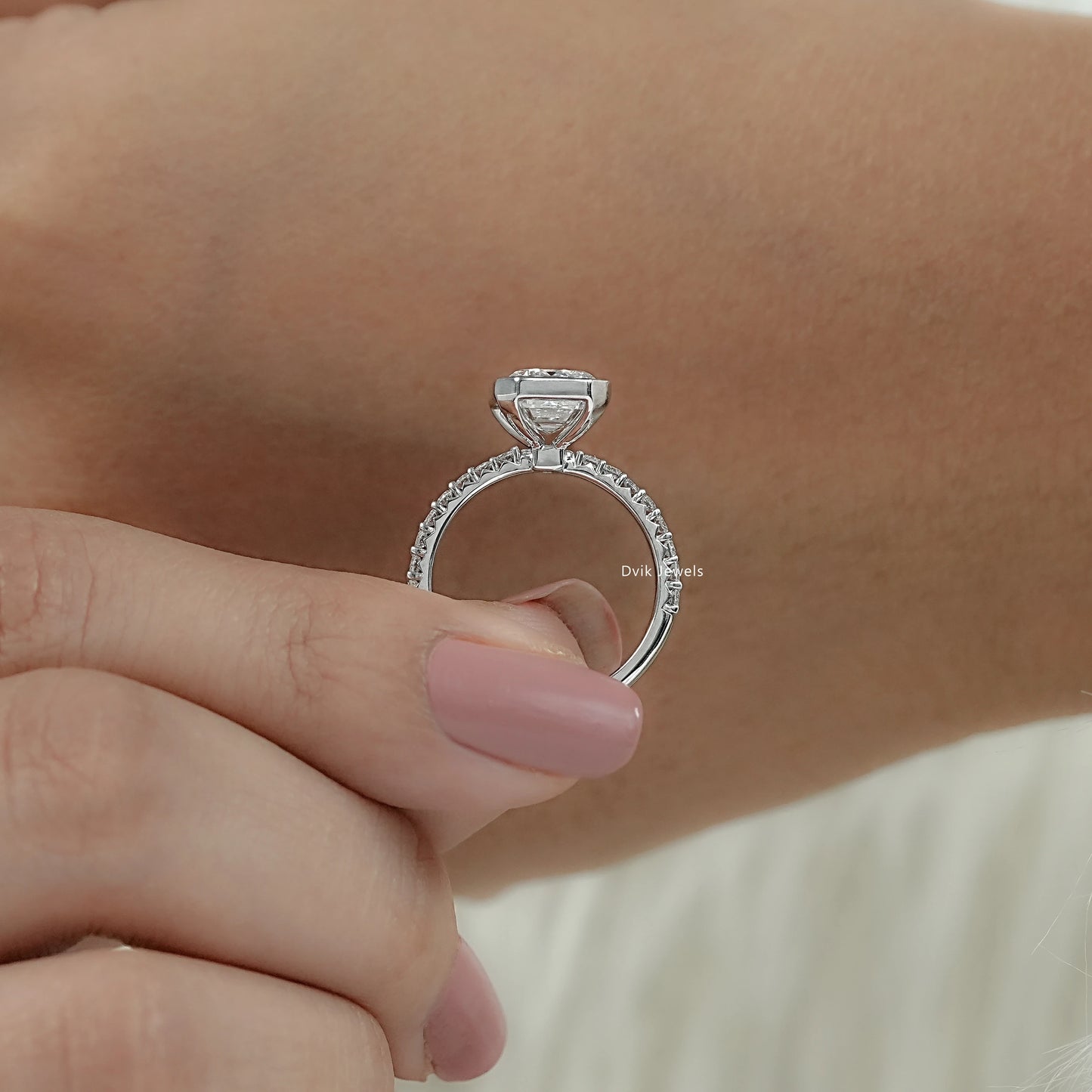 Bezel Set Emerald Cut Lab Diamond Solitaire Accent Ring