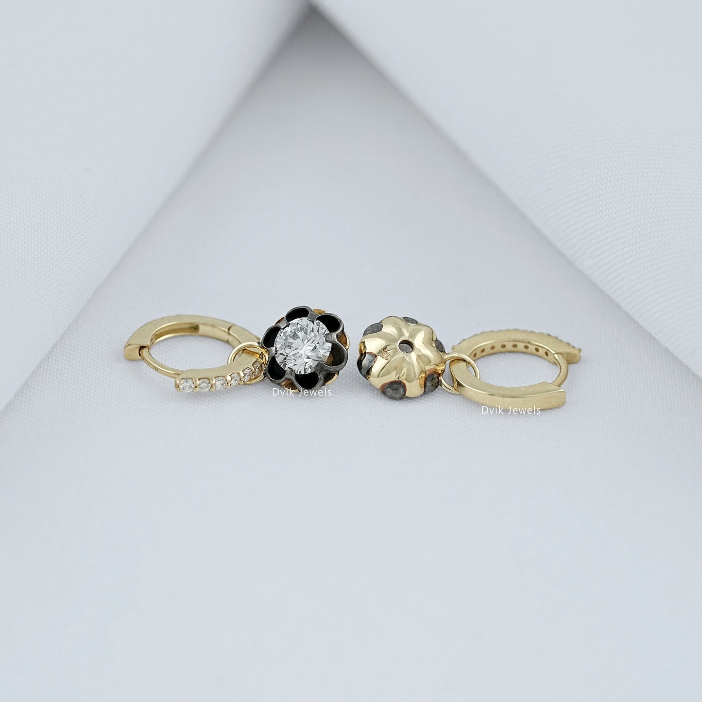 Floral Diamond Drop Earrings with Black Enamel Petals