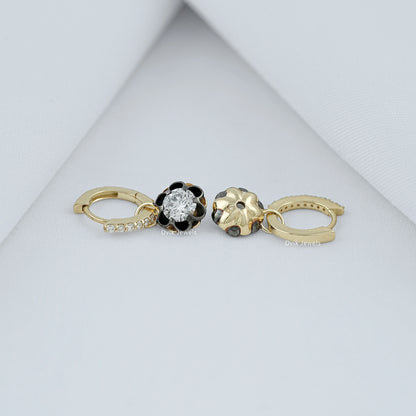 Floral Diamond Drop Earrings with Black Enamel Petals