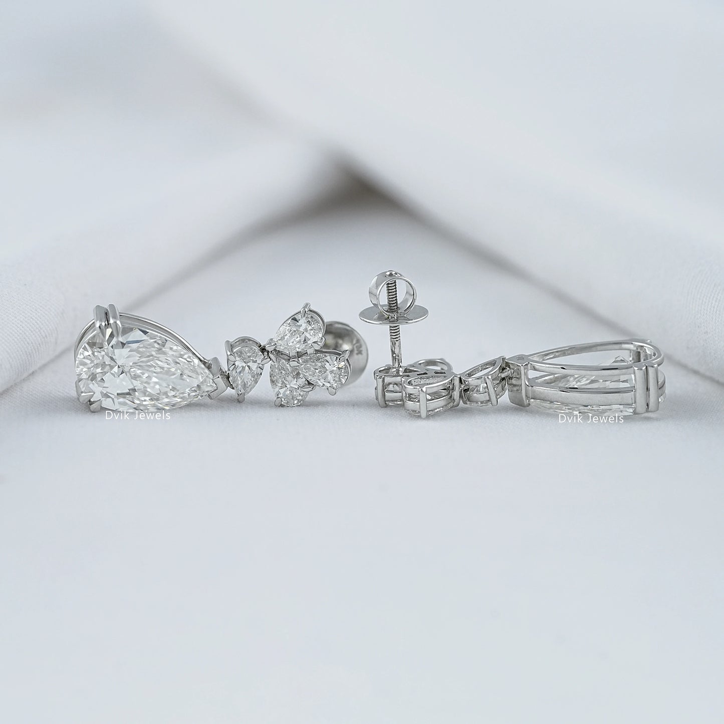 Pear Floral Drop Earrings with Lab Created Diamond shown from front and back angles