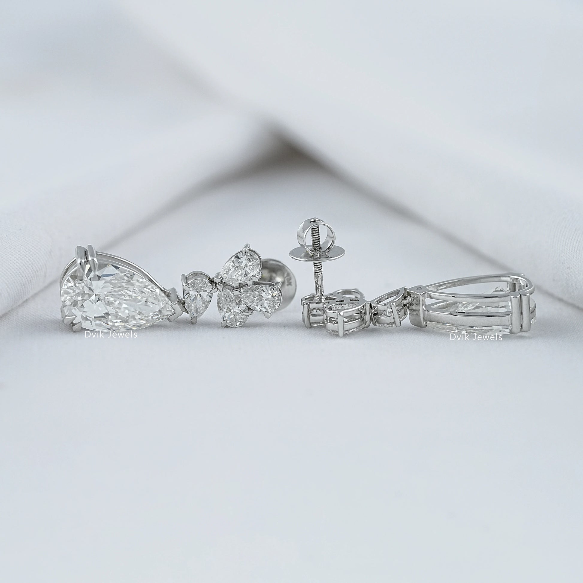 Pear Floral Drop Earrings with Lab Created Diamond shown from front and back angles