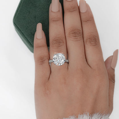 Round Cut Hidden Halo Engagement Ring with Pave Band