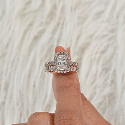 Radiant Cut Lab Diamond Halo Bridal Ring Set with Double Band Bridal Ring Set