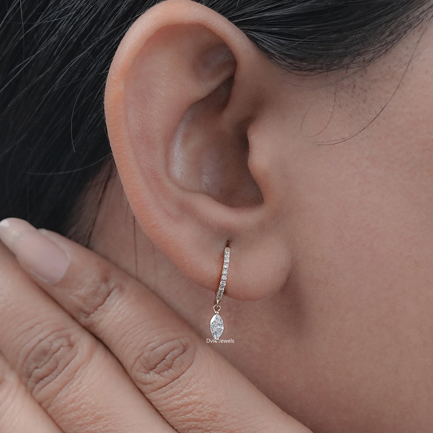 Marquise Cut Diamond Dangle Huggie Hoop Earring