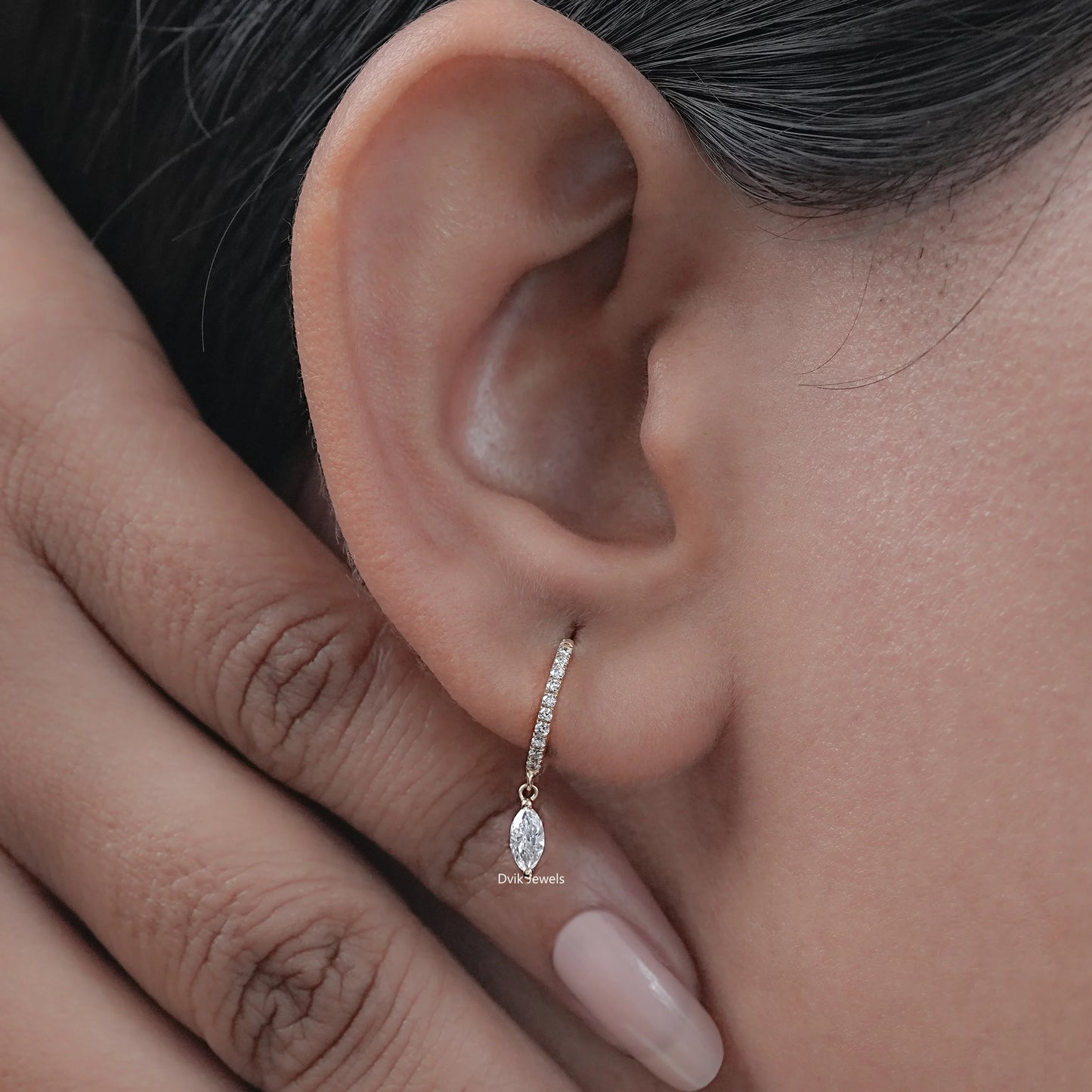 Marquise Cut Diamond Dangle Huggie Hoop Earring