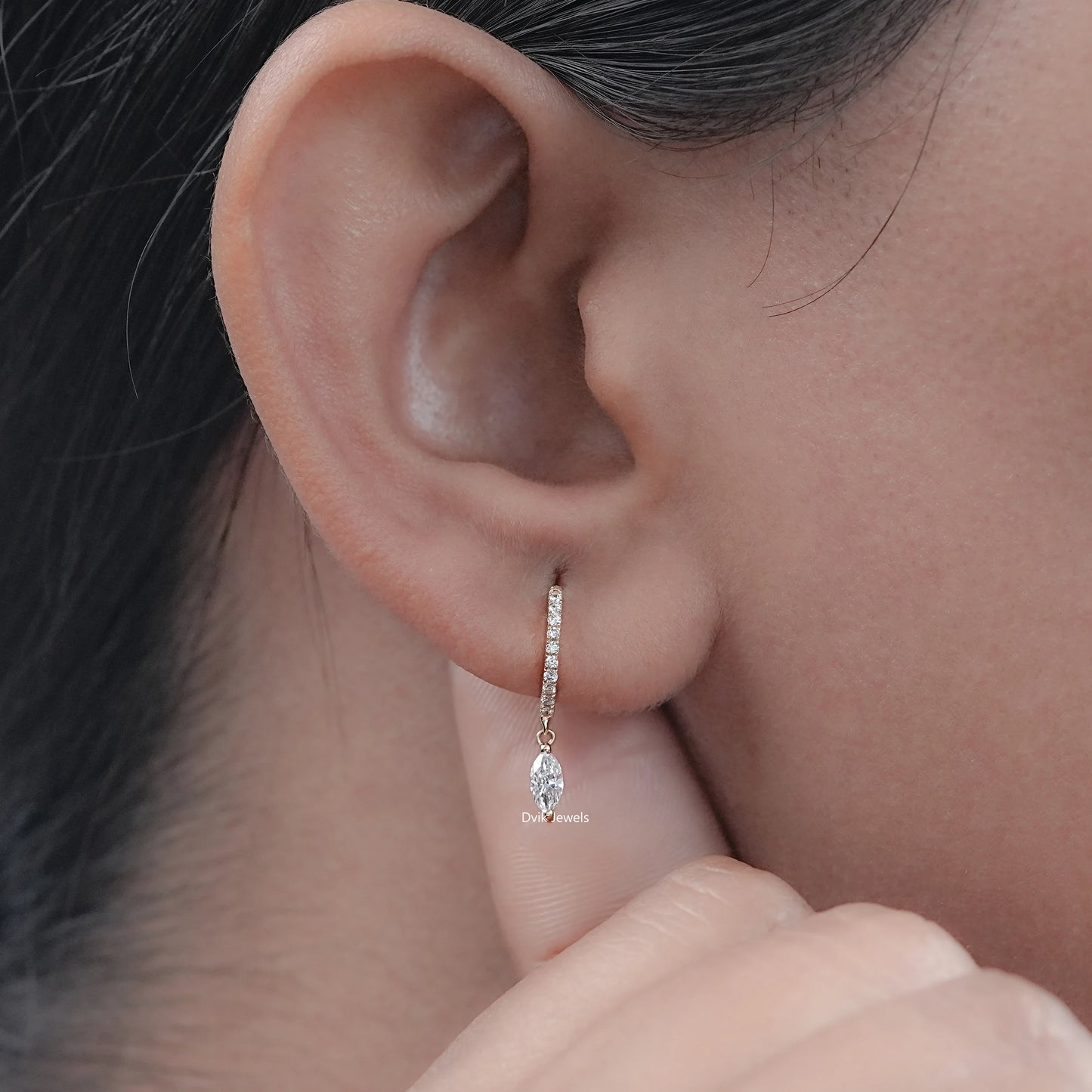 Marquise Cut Diamond Dangle Huggie Hoop Earring