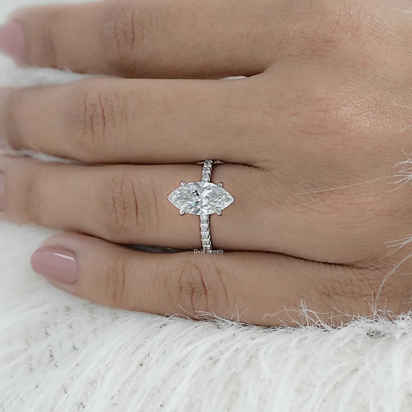 Marquise Cut Lab Diamond Engagement Ring with Pave Band