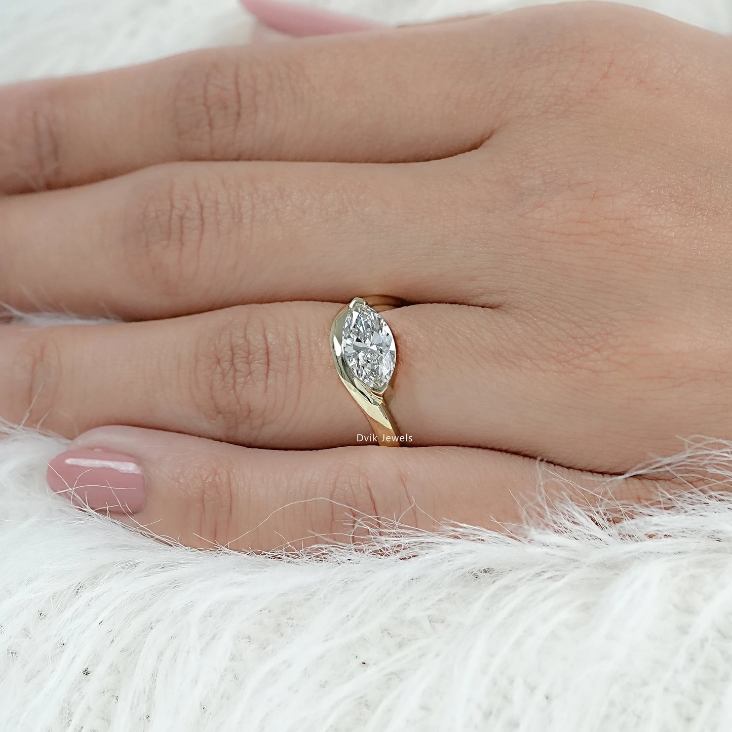 Curved Marquise Cut Lab Diamond Solitaire Engagement Ring worn by women finger