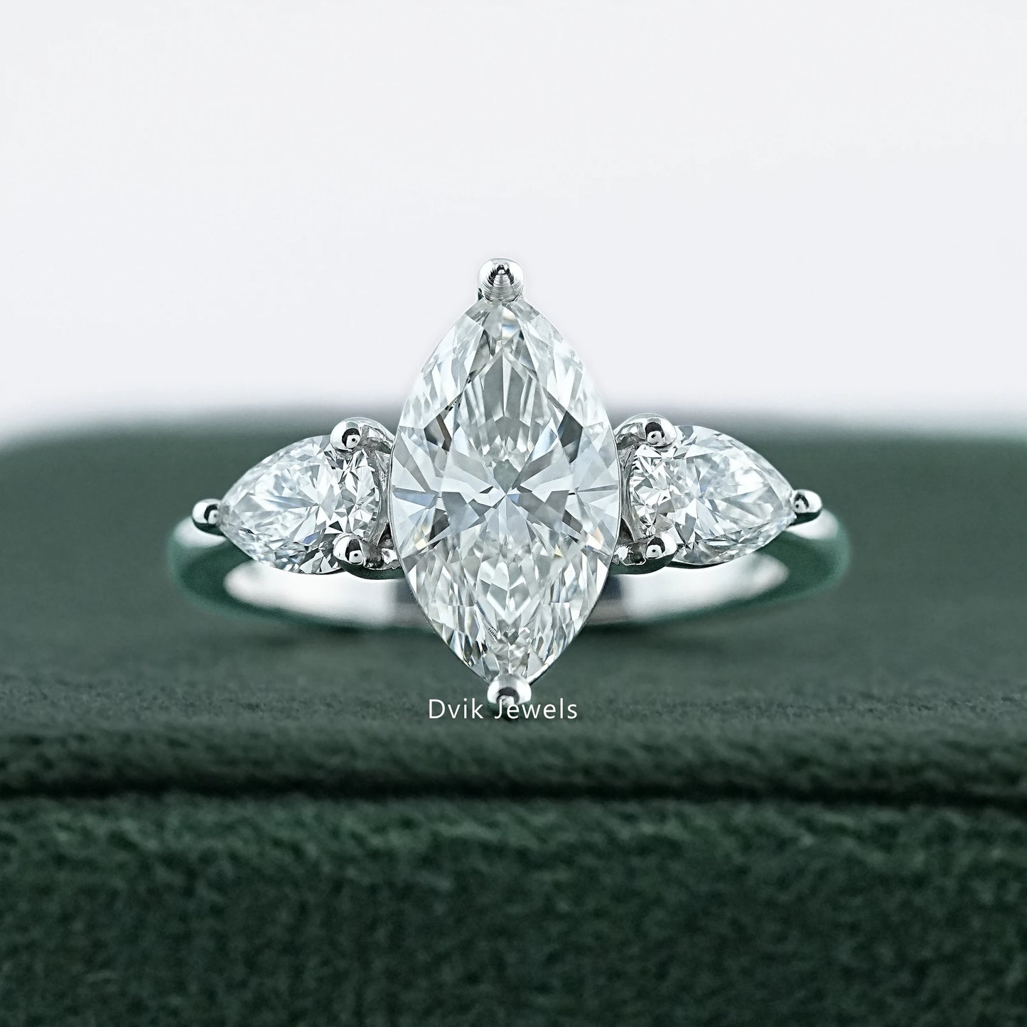 Marquise Cut Lab Grown Diamond Three Stone Engagement Ring by Dvik Jewels