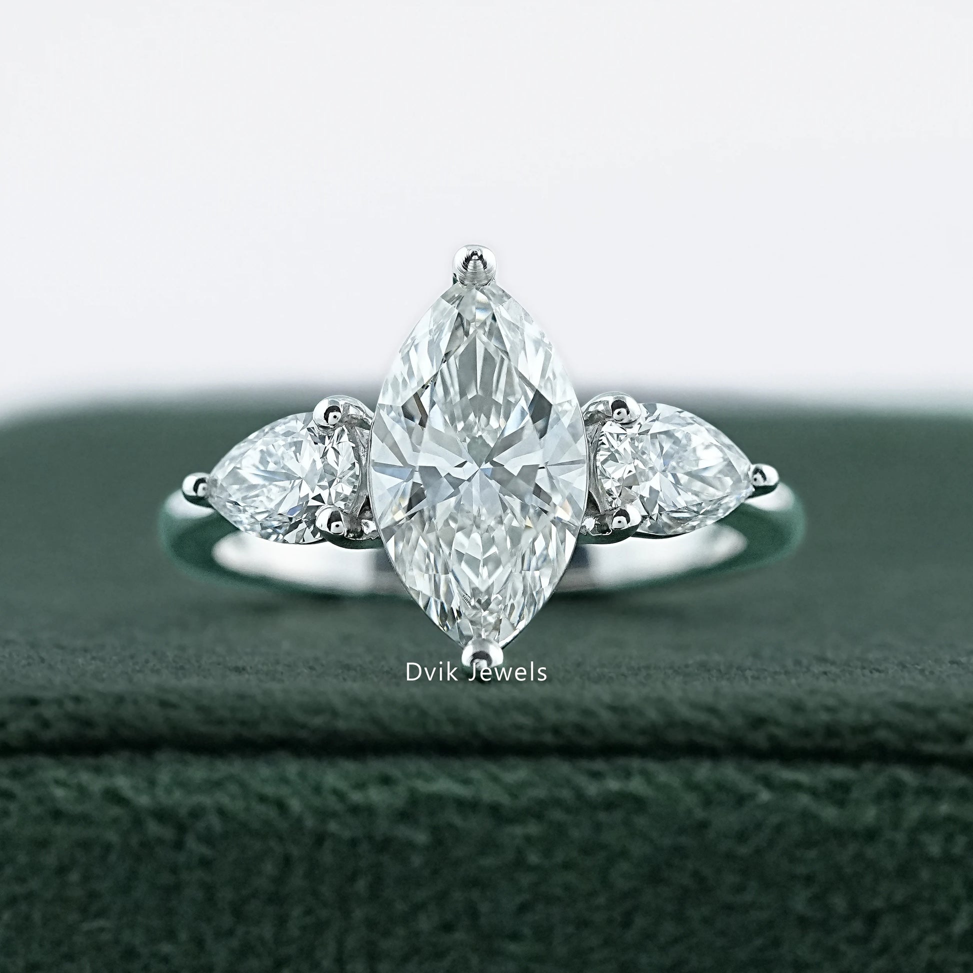 Marquise Cut Lab Grown Diamond Three Stone Engagement Ring by Dvik Jewels
