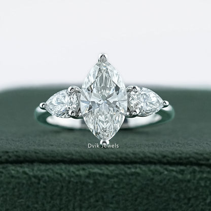 Marquise Cut Lab Grown Diamond Three Stone Engagement Ring by Dvik Jewels