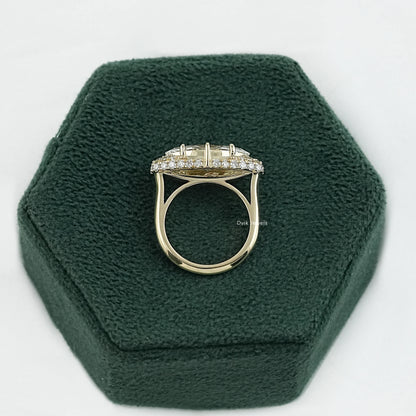 Side profile of marquise diamond engagement ring showing pave-set bridge and the secure six-prong setting