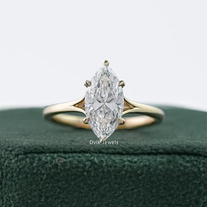 Sleek marquise cut lab diamond solitaire ring in jewelry box by Dvik Jewels