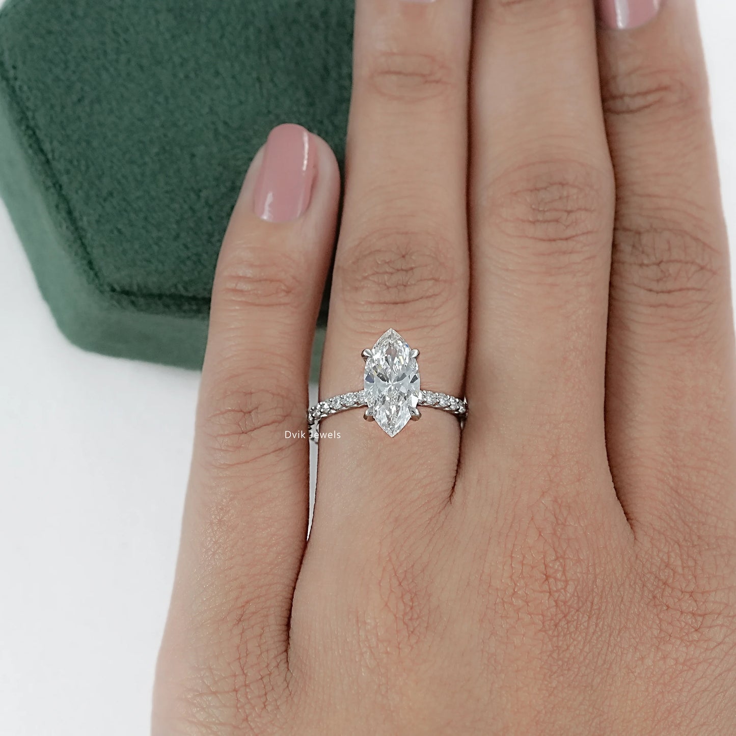 Marquise Cut Lab Diamond Engagement Ring with Pave Band