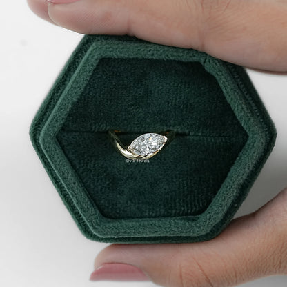 Marquise Cut Lab Diamond Solitaire Ring with curved gold band displayed in box for front view