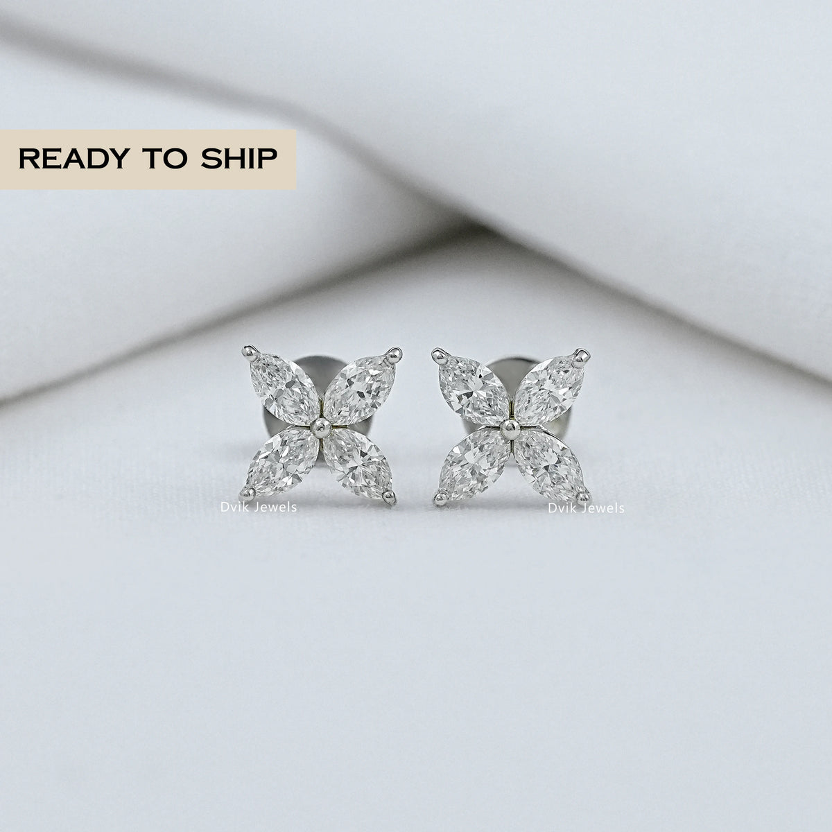 Marquise Cut Diamond Flower Stud Earrings