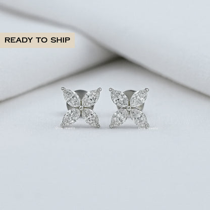 Marquise Cut Diamond Flower Stud Earrings