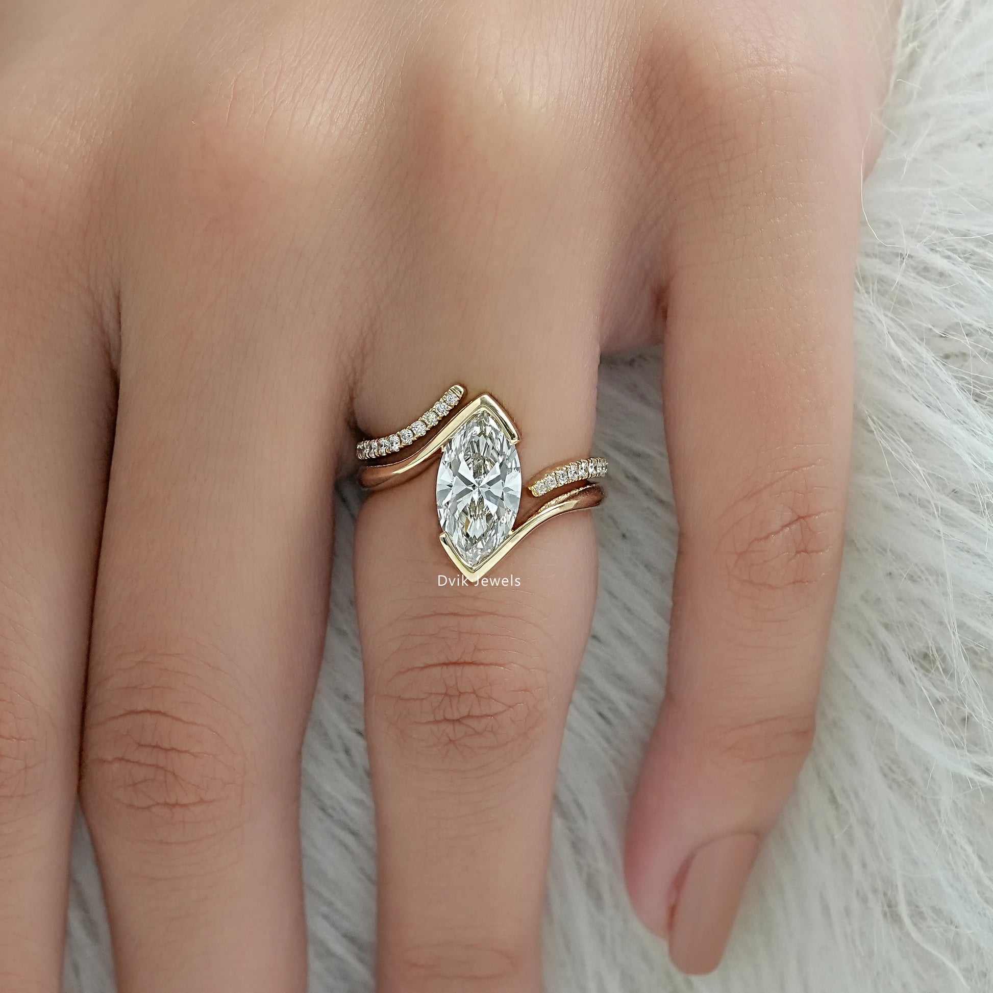 Half Bezel Marquise Cut Lab Diamond Curved Ring Set Bridal Ring Set